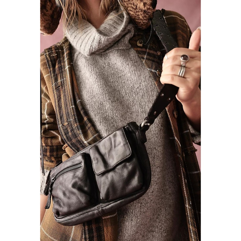 Free People Wade Leather Sling Bag Crossbody Black Belt Grommet Utility Hip Pack